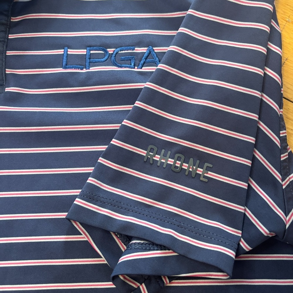 Rhone LPGA Striped Performance Polo Mens Large Navy Golf Shirt - Picture 6 of 7